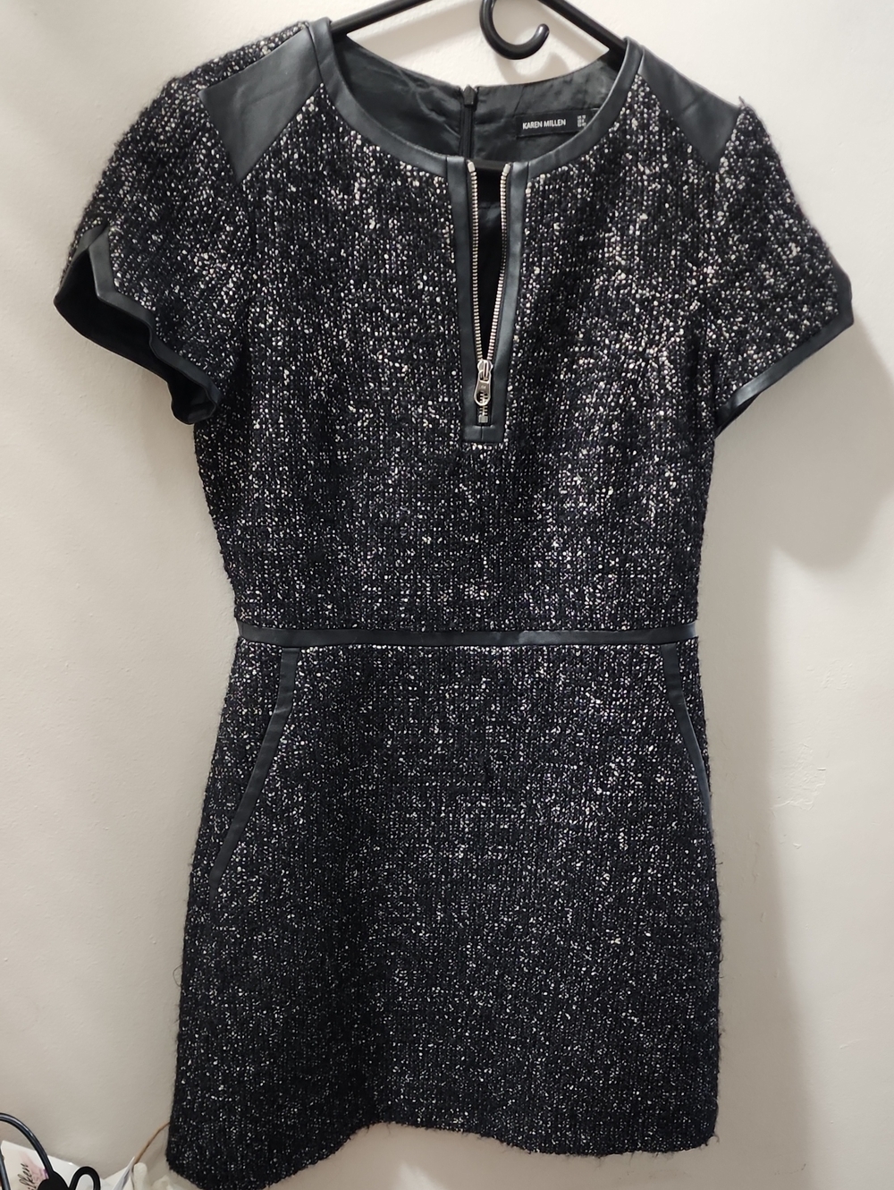 Karen Millen Black Tweed Mini Dress with Faux-Leather Trim